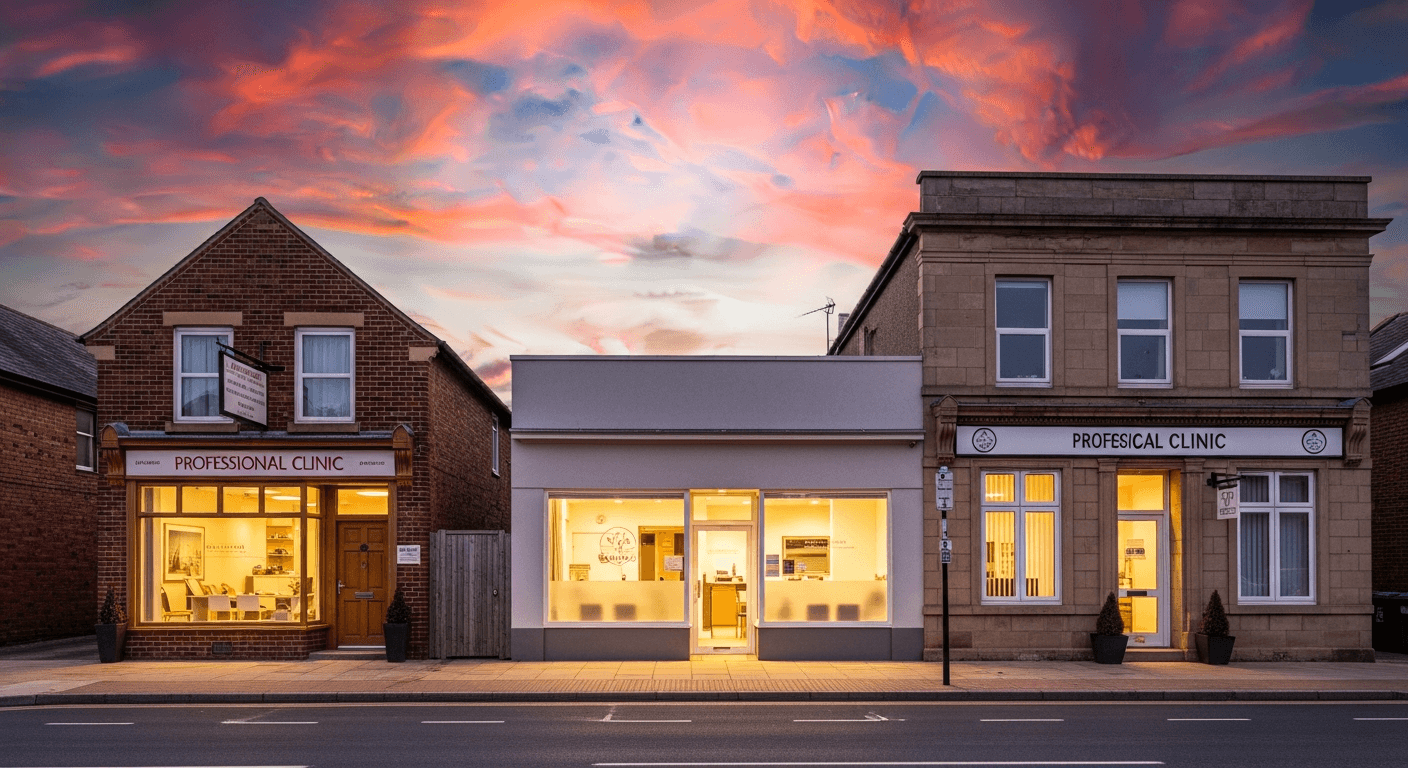Row of independent medical clinic storefronts at dusk