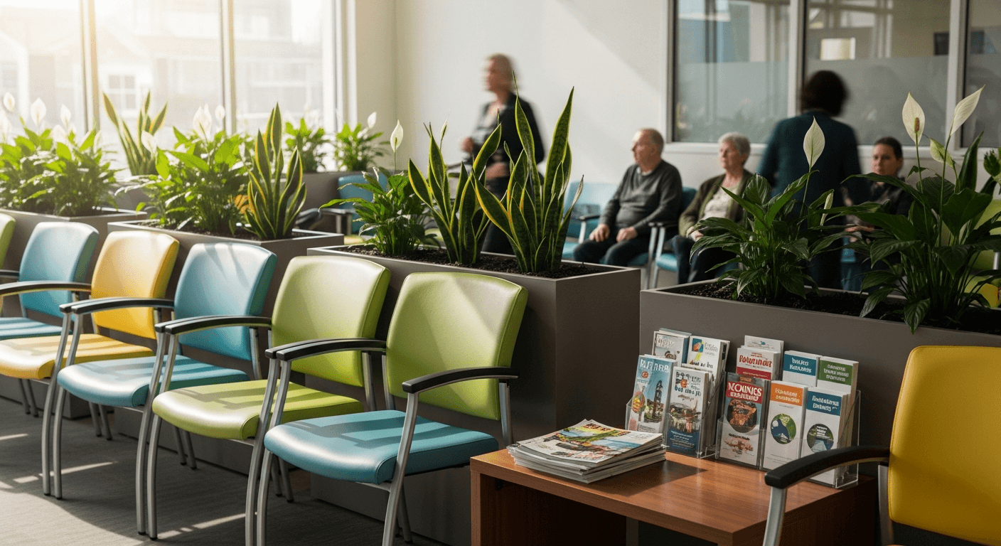 Brightening medical practice waiting area suggesting recovered patient flow