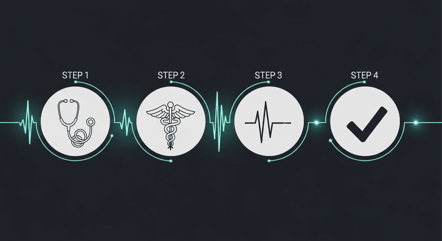 Abstract four-step medical AI onboarding timeline with teal accents