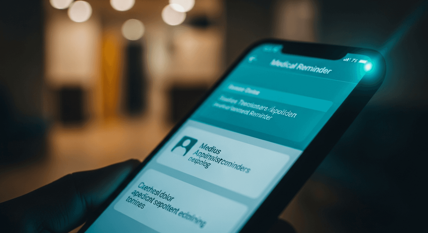 Smartphone with medical appointment reminder glow in a clinic setting