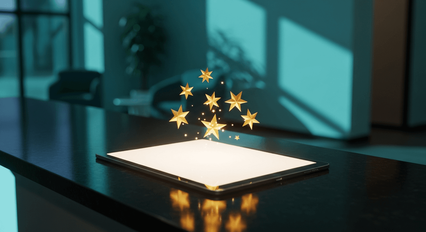 Tablet on a reception desk with five glowing review stars
