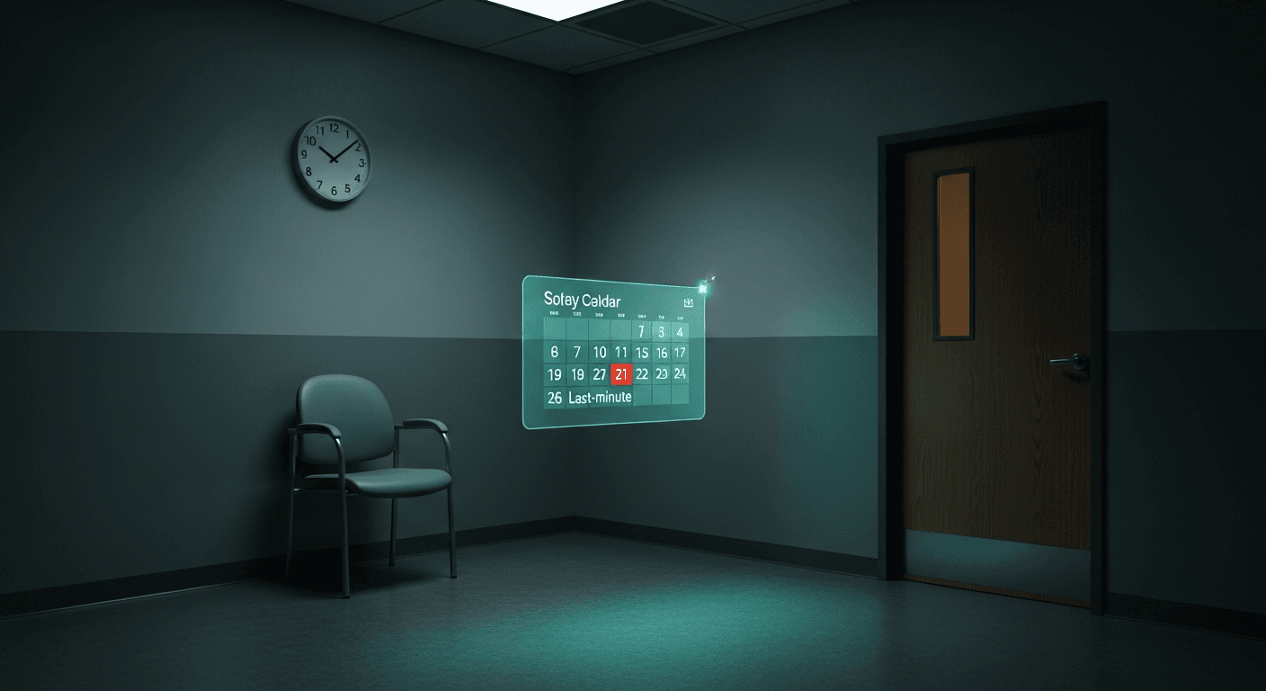 Empty exam room with digital calendar overlay suggesting an open slot