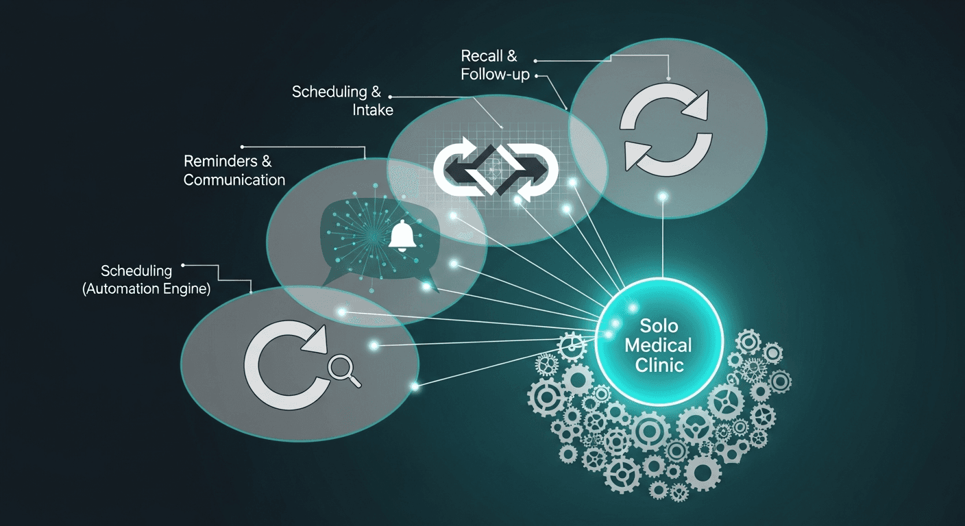 Layered automation stack diagram concept for solo independent medical clinic workflows