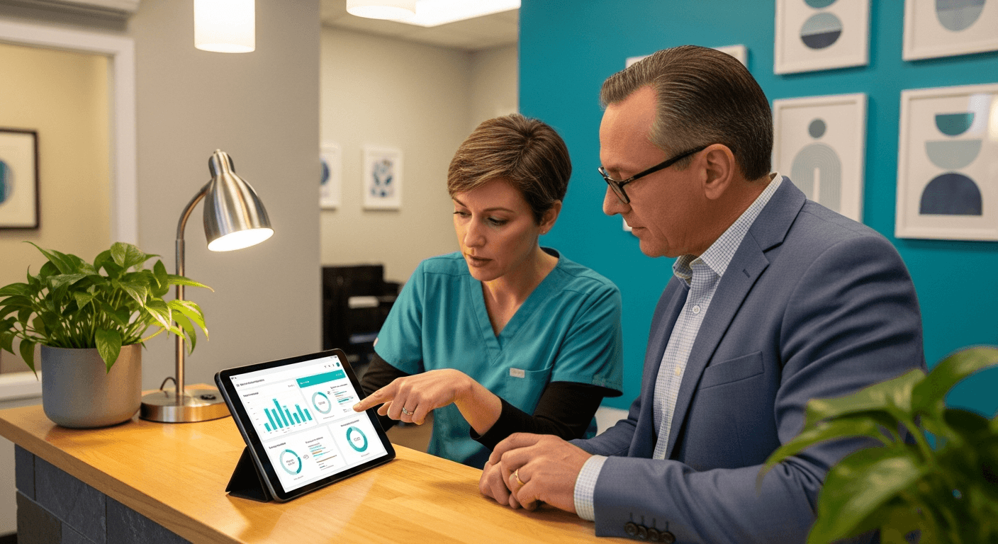 Solo independent medical practice team reviewing AI automation workflows at the front desk