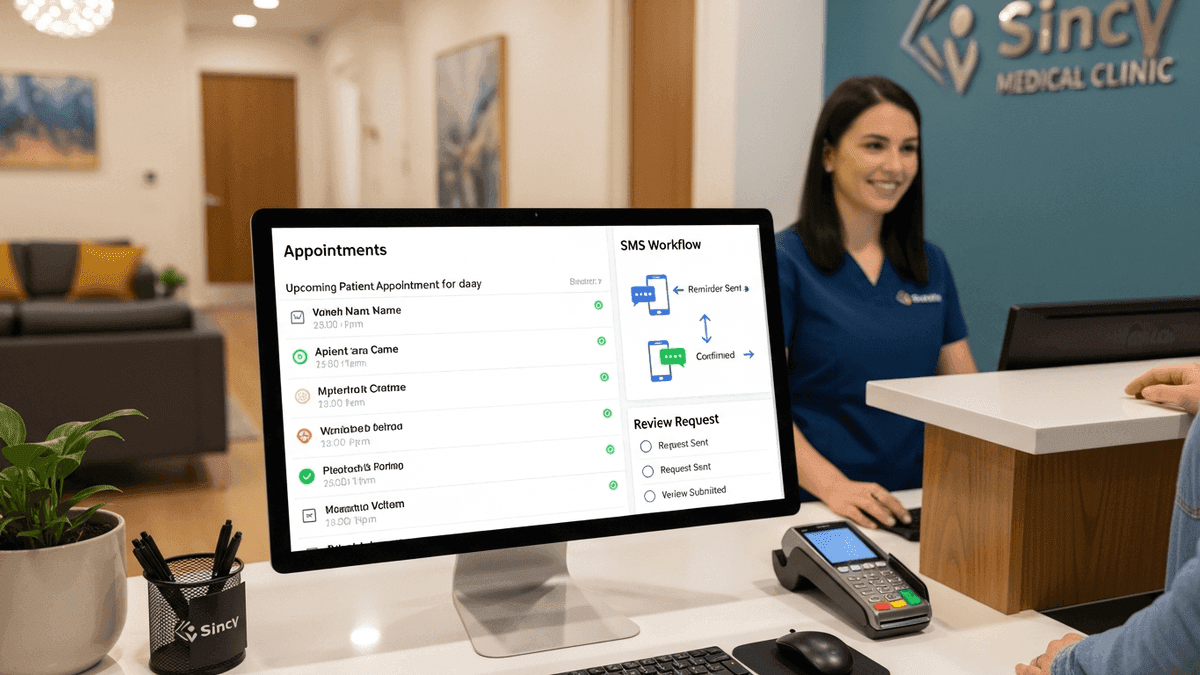 Medical practice front desk running automated SMS reminders and patient review request workflows