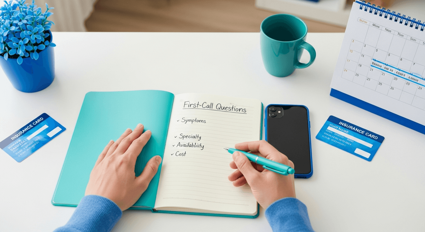 Patient writing first-call questions before booking an appointment