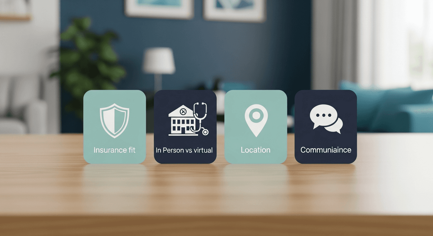 Checklist comparing insurance, location, visit type, and communication preferences for choosing a doctor