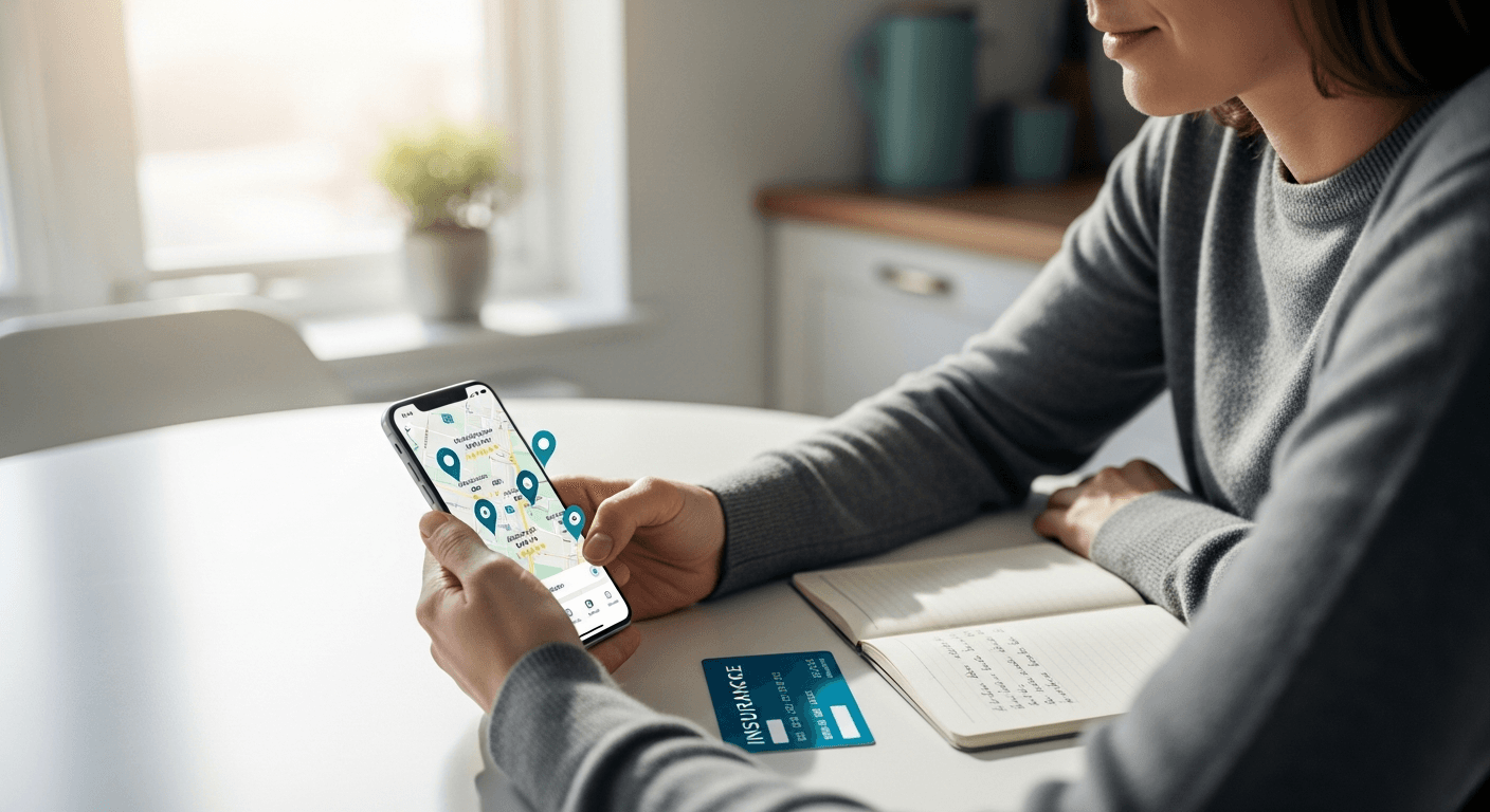 Patient comparing nearby doctor options on a phone with notes and an insurance card nearby