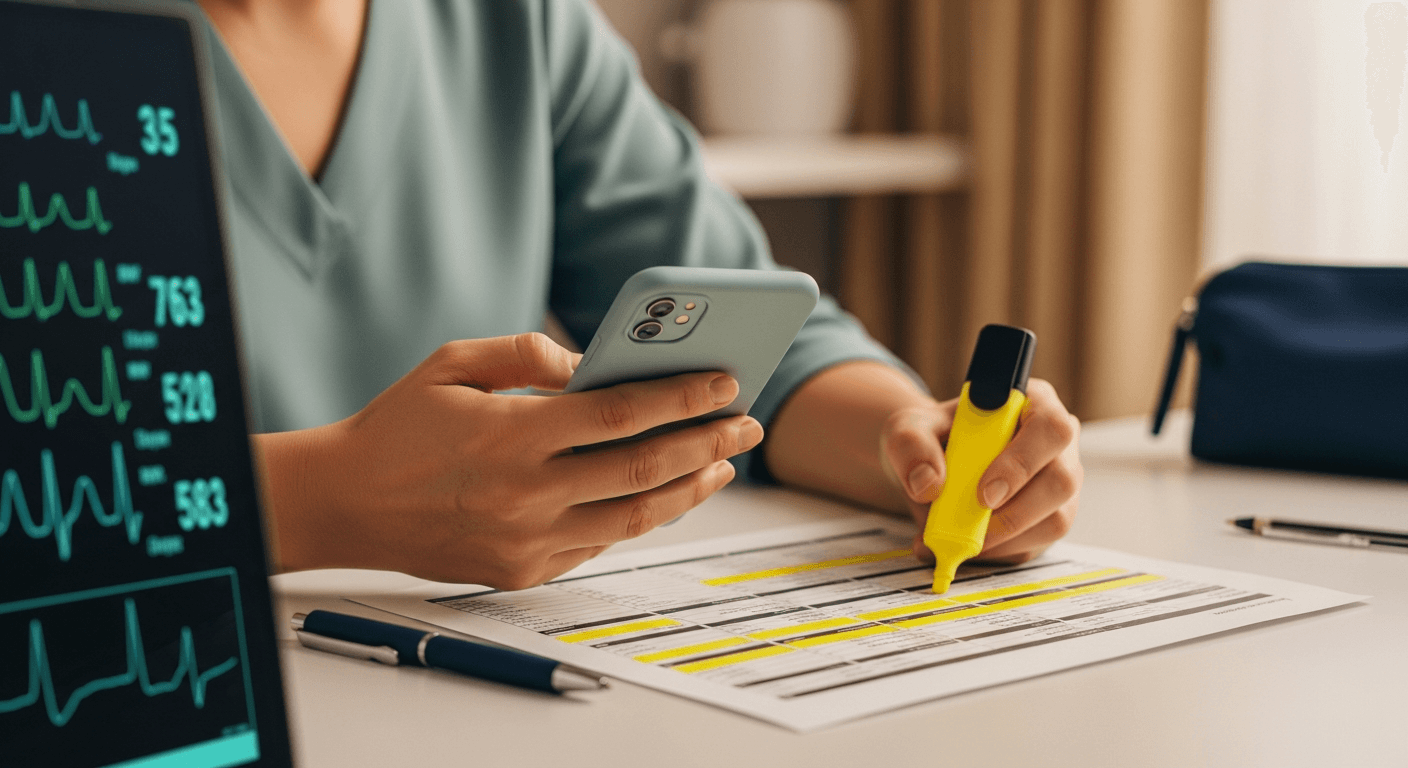 Patient reading doctor reviews with highlighted patterns for wait time and communication
