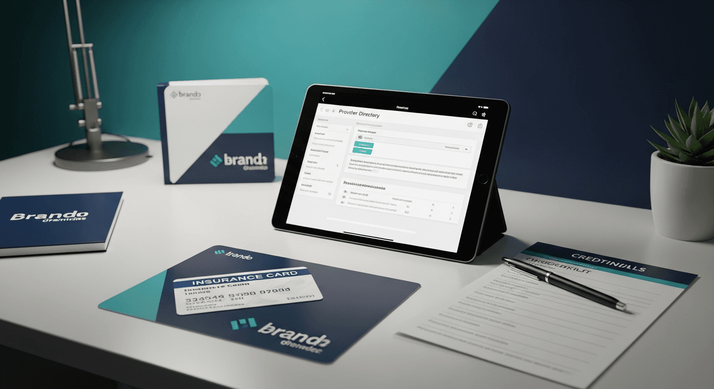 Insurance card, provider directory, and board certification checklist on a desk
