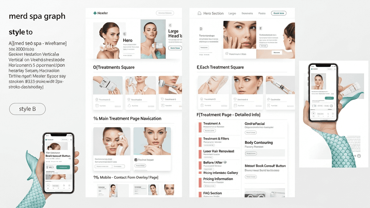 Med spa website wireframe showing treatment pages linked from clear navigation with book consult buttons