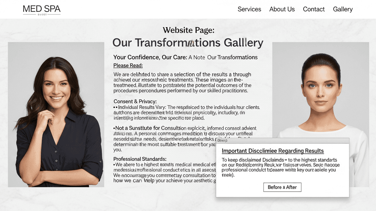 Med spa website gallery with consent disclaimer and realistic expectations copy near before and after photos