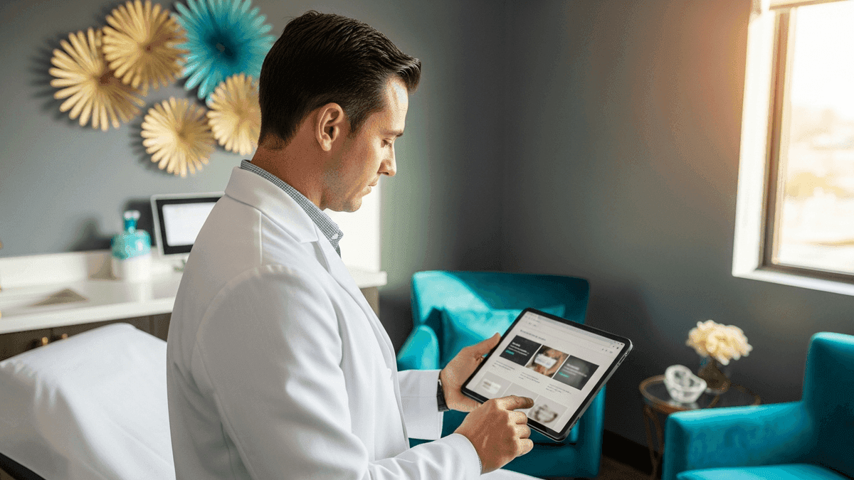 Medical director reviewing best medical spa website patterns on a tablet in a modern aesthetic clinic