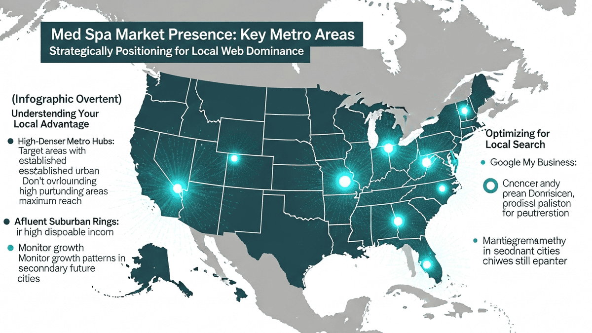 US map highlighting major metro areas where med spas should prioritize local web presence first