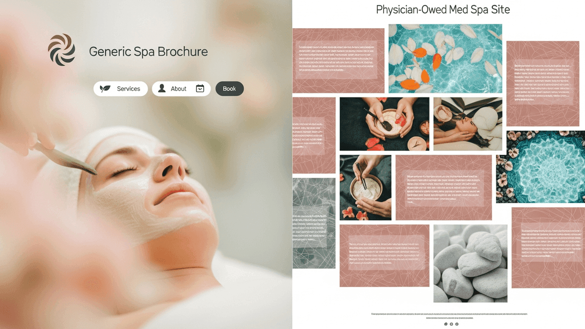 Diagram contrasting brochure-style med spa homepage with consult-focused treatment page architecture