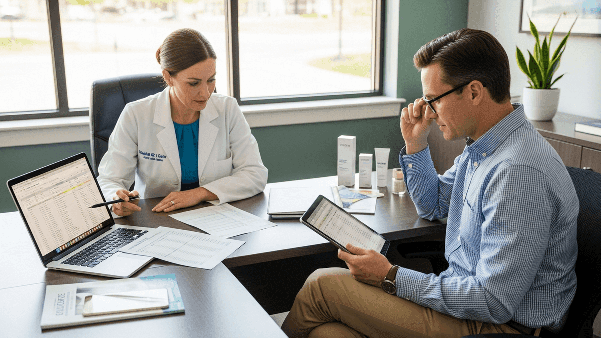 Physician and clinic manager auditing med spa website basics before hiring outside marketing help