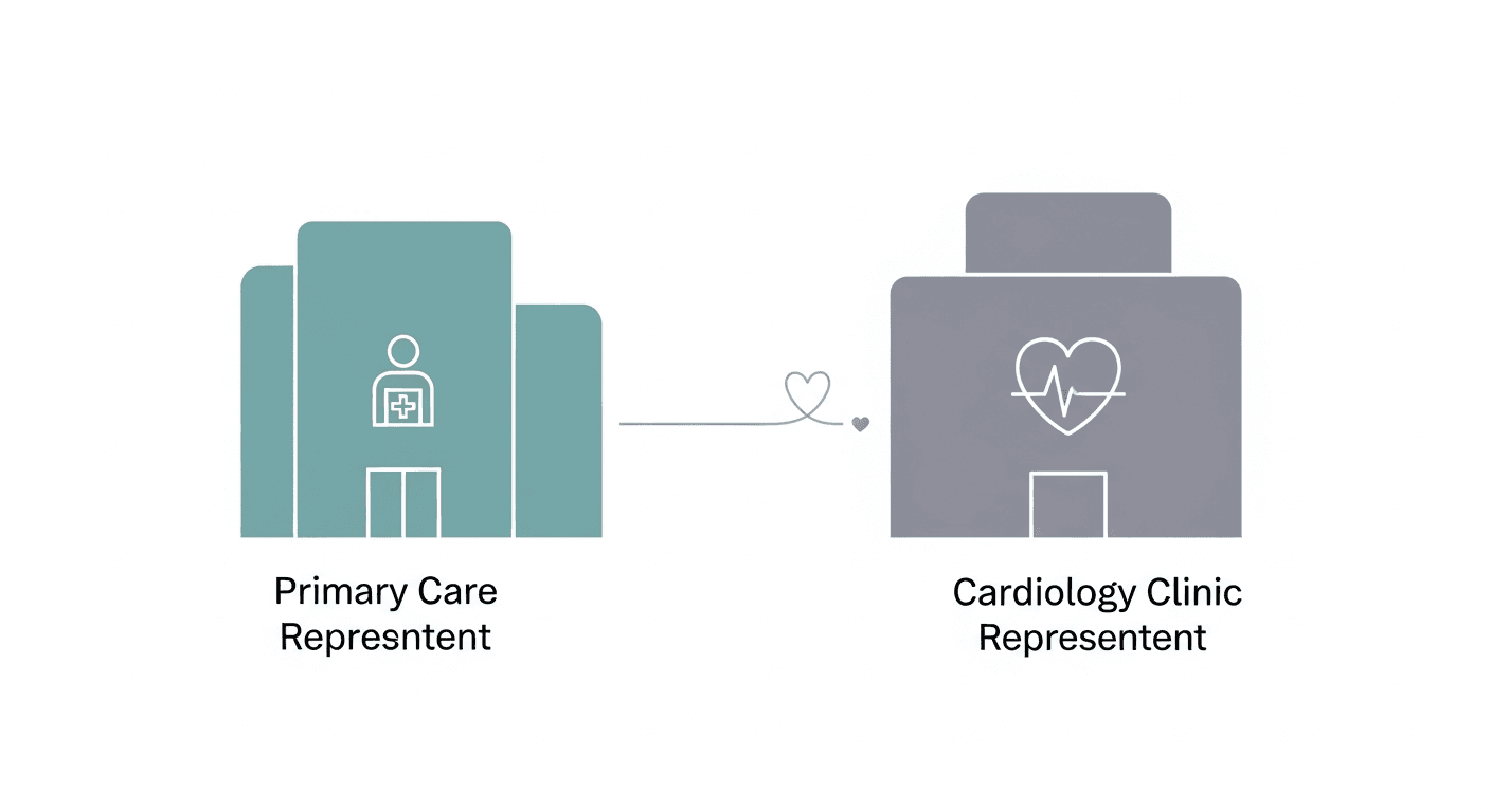 Primary care and cardiology clinic buildings shown as connected care pathway diagram style