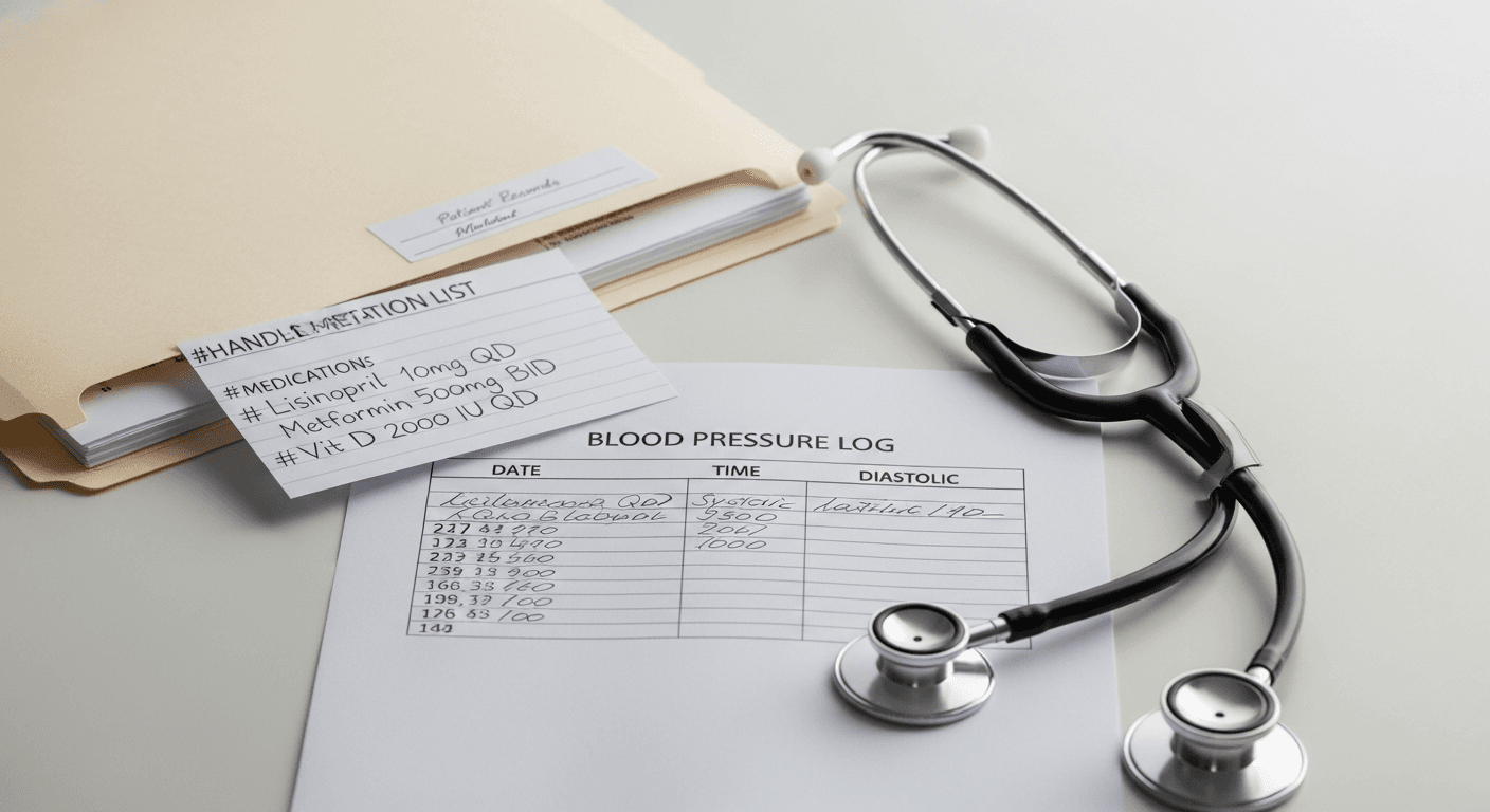 Organized folder with medication list blood pressure log and prior ECG printout for cardiology visit
