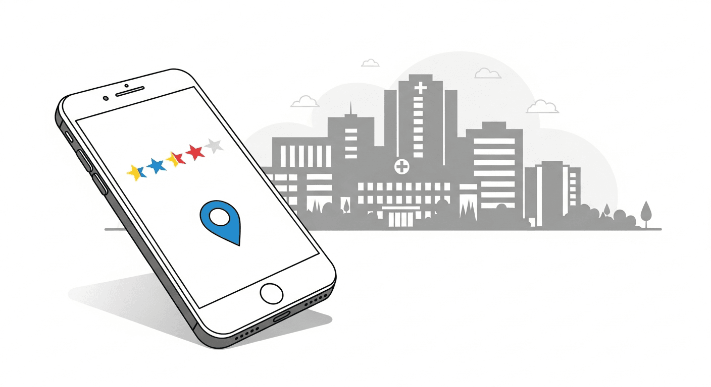 Neutral illustration of online doctor reviews on a phone beside a hospital campus map