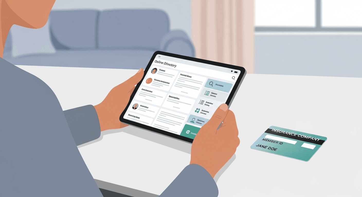Patient reviewing health plan directory on tablet next to insurance card