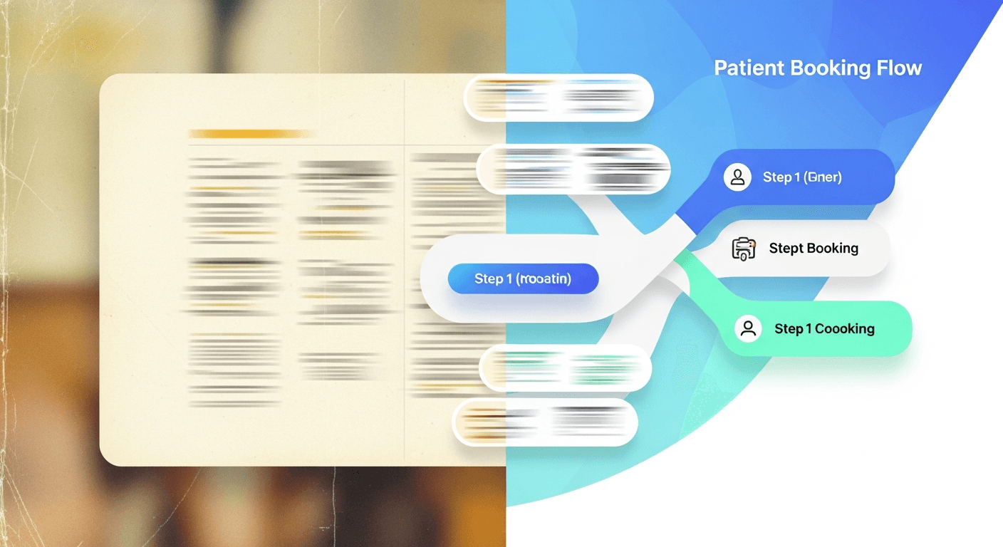 Split view of old brochure-style website and modern patient-booking workflow