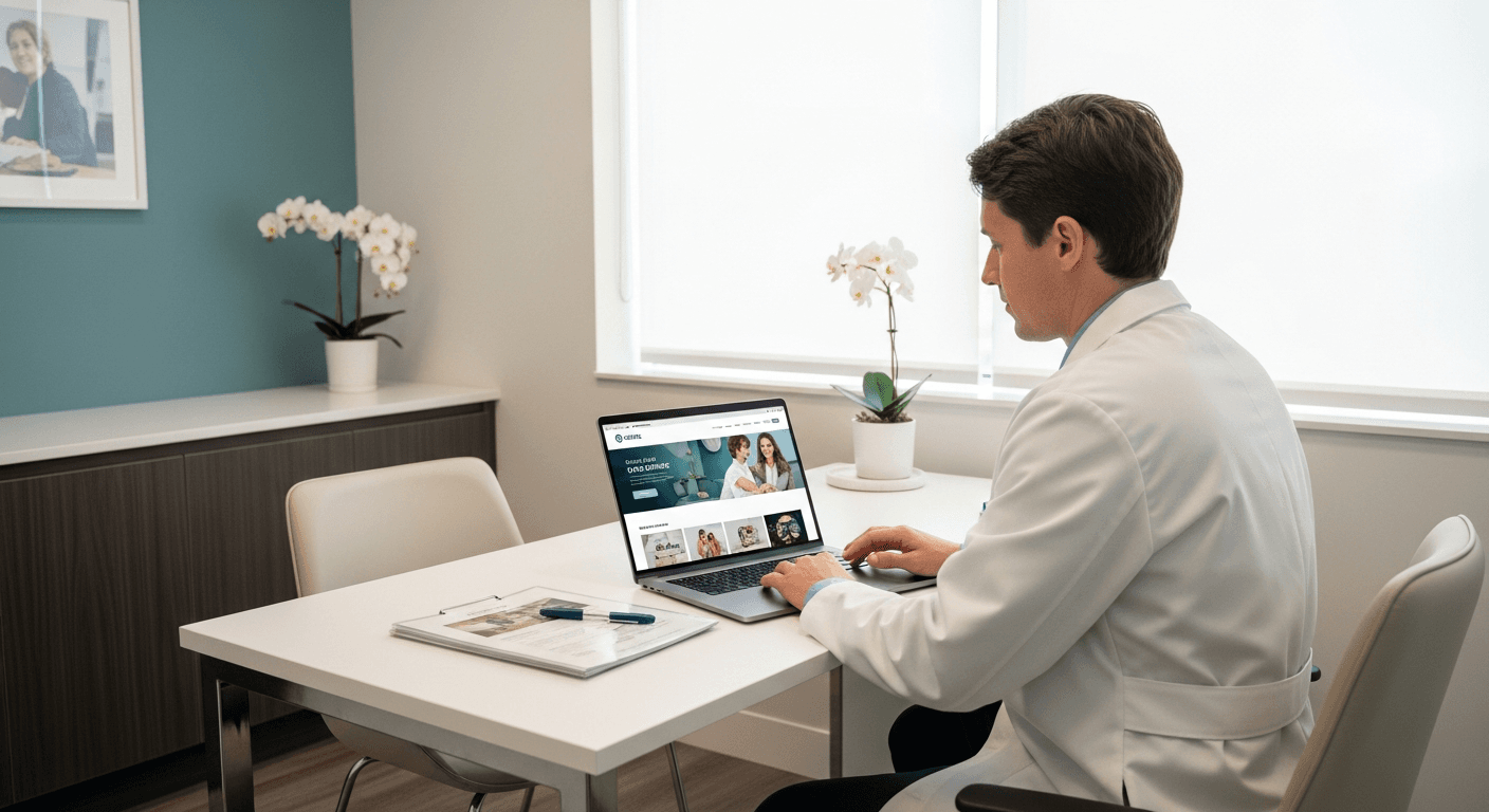 Doctor reviewing a modern clinic website on a laptop in a bright office