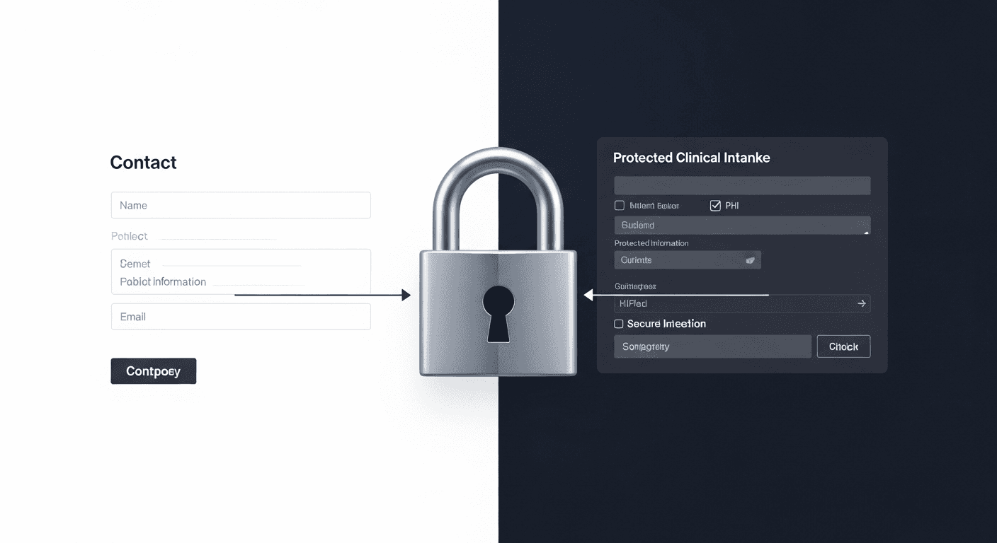 Secure form flow showing separation between marketing contact and clinical intake