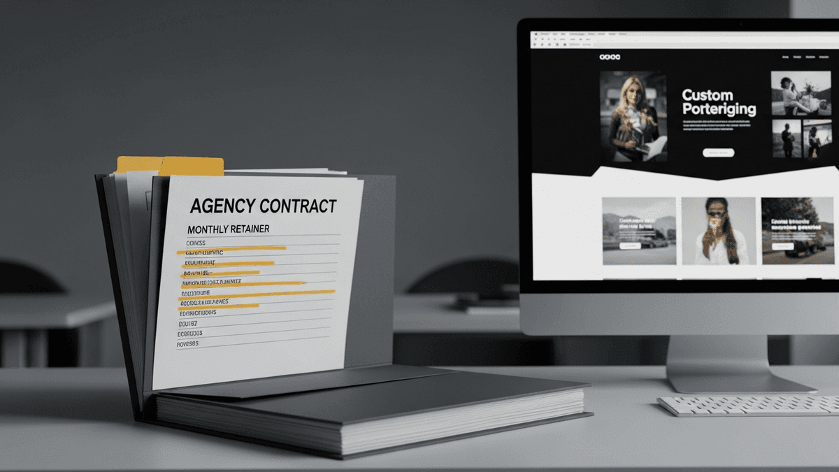 Agency contract folder beside custom clinic website mockup on monitor