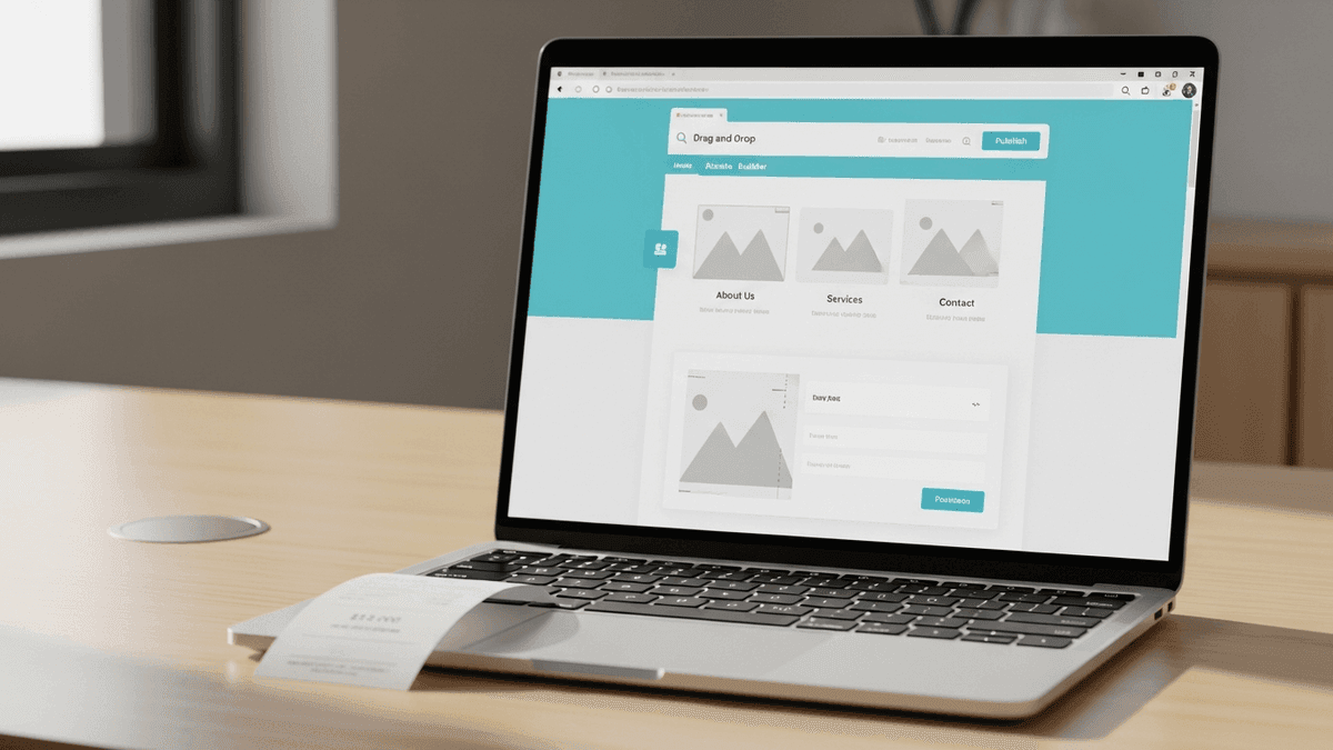 Website builder on laptop beside low subscription cost slip on clinic desk