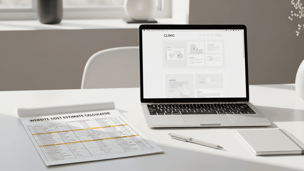 Clinic desk with website cost estimate papers beside laptop showing medical practice site wireframe