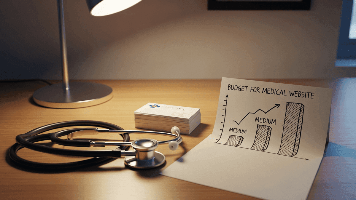 Paper budget sketch beside stethoscope suggesting medical website cost tiers