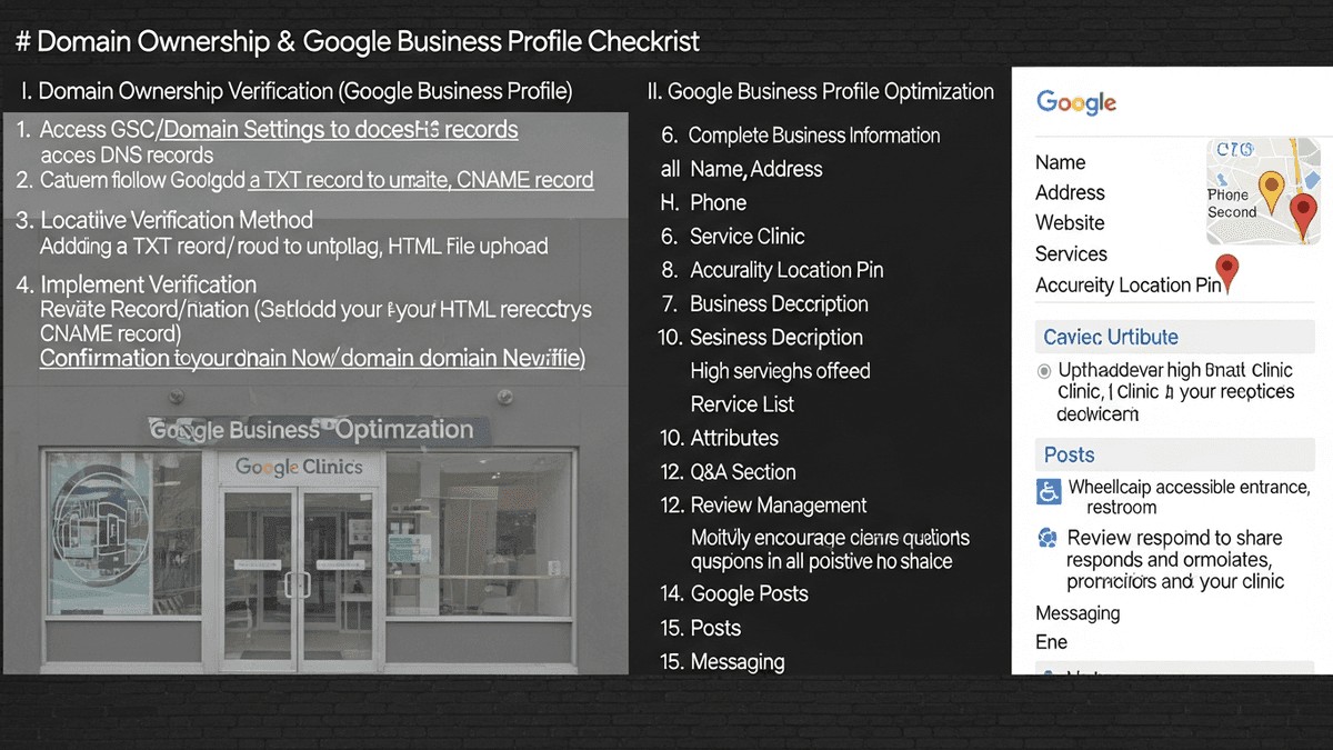 Checklist for Google profile domain and mobile booking on clinic reception desk