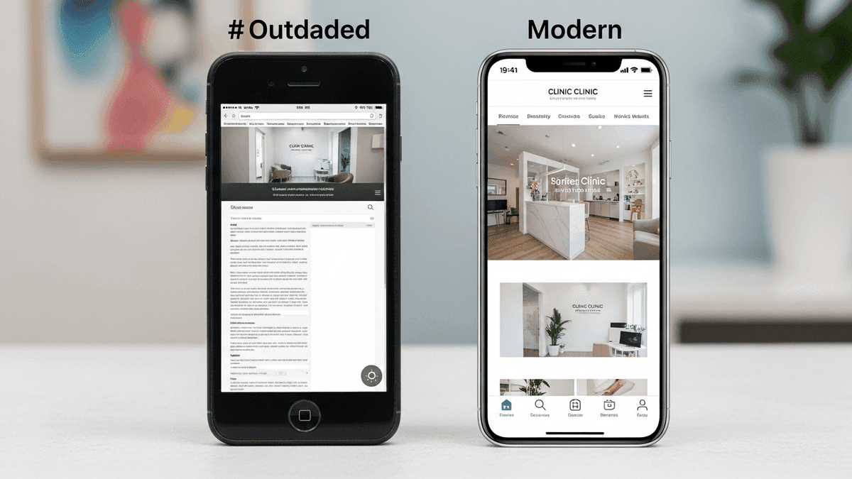 Slow outdated clinic site on old phone beside fast modern site on new phone