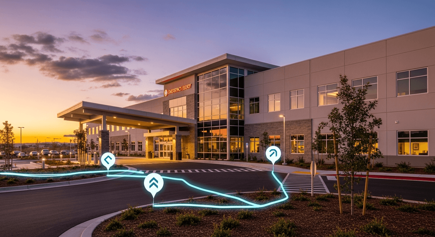 Freestanding emergency room exterior with map markers and patient flow overlays
