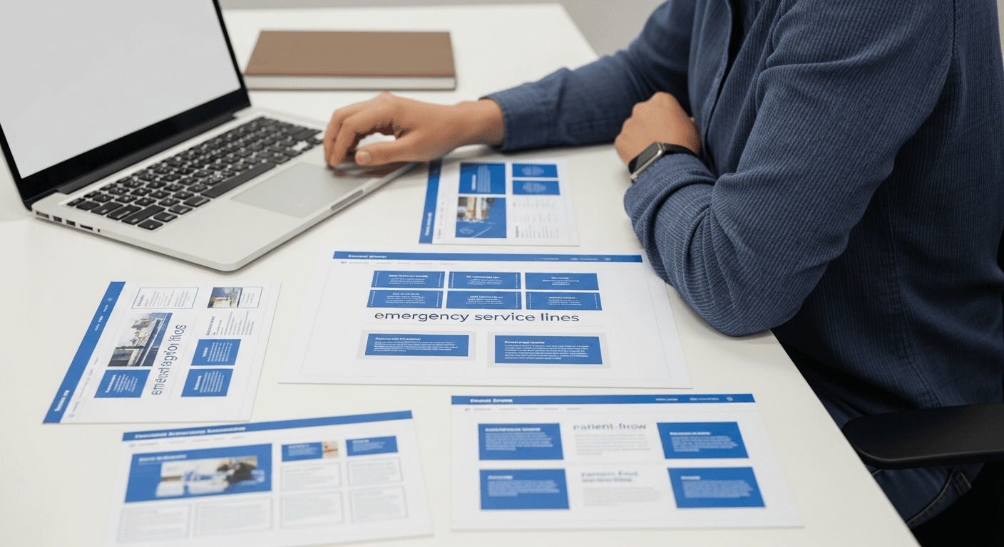 Website wireframe with urgent symptom-specific landing page modules