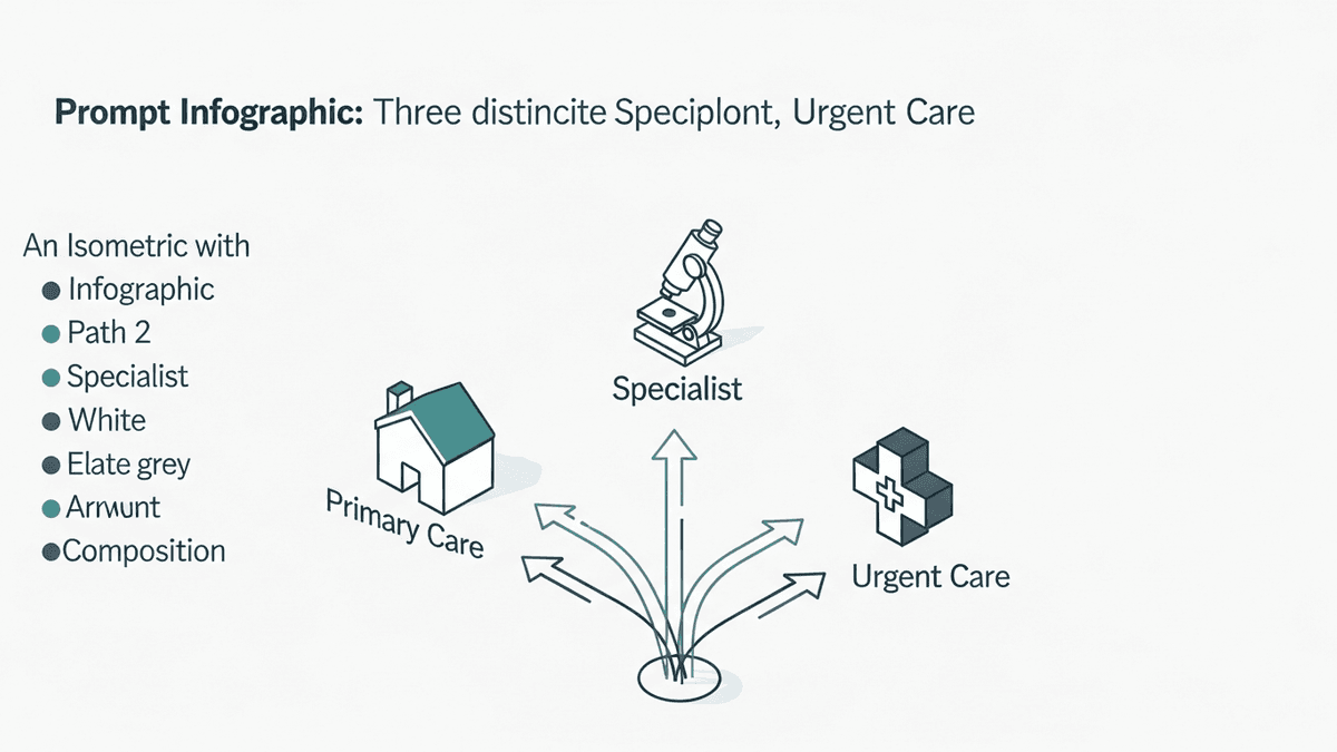 Simple flowchart style graphic contrasting primary care, specialty care, and urgent needs