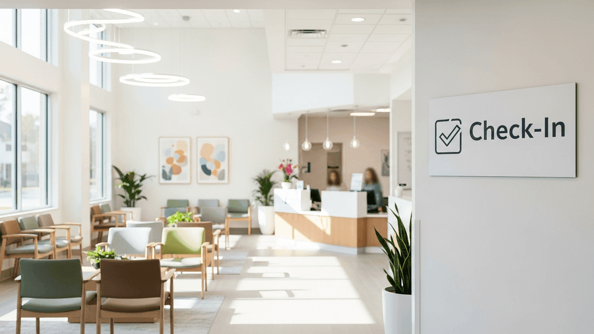 Clinic reception desk with clear signage suggesting verification of address and phone