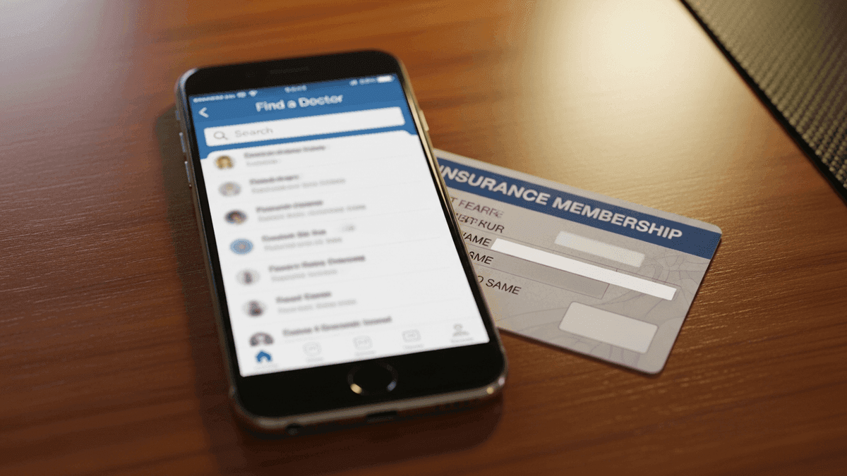 Insurance card and smartphone showing a provider directory search interface