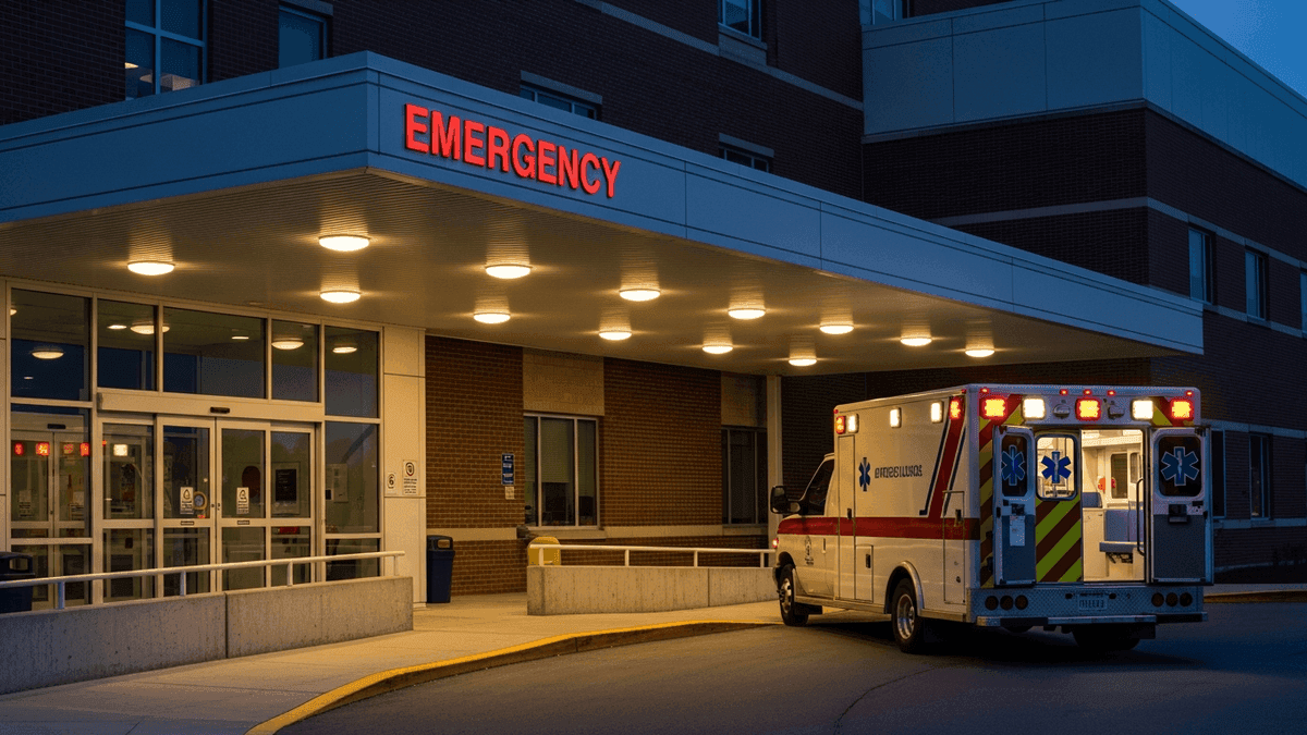 Ambulance and hospital entrance at night suggesting emergency care routing
