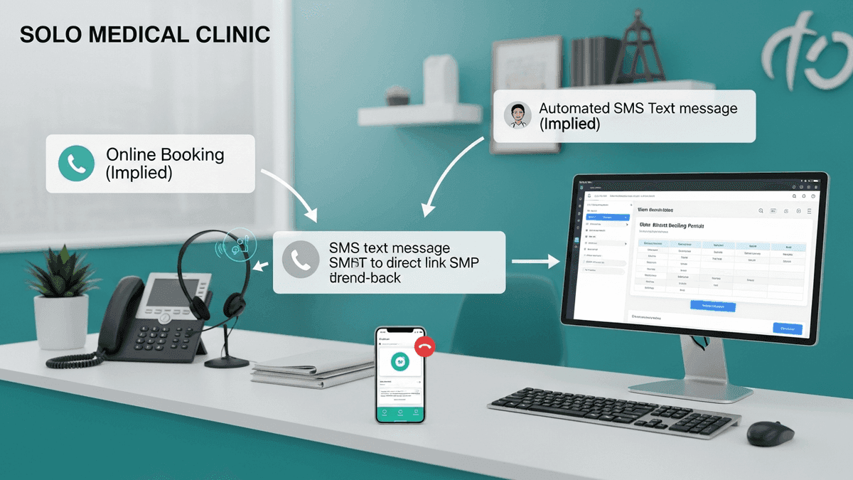 Solo medical clinic missed call to SMS text back to online booking intake routing at reception