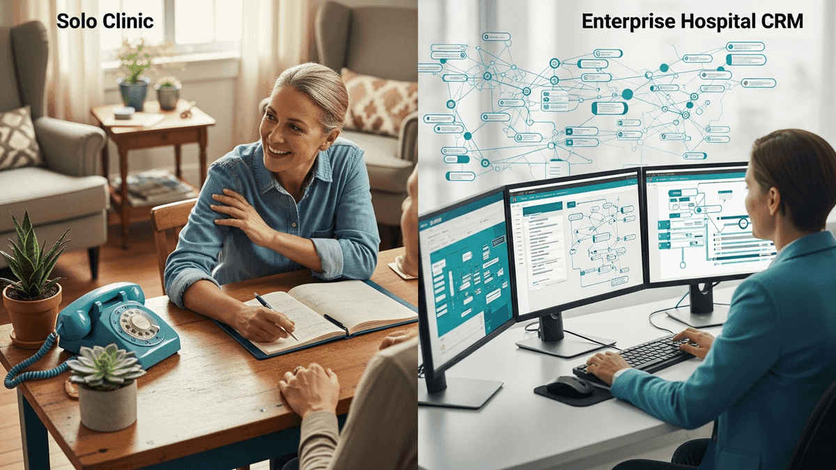Concept comparing solo clinic patient relationship workflow with enterprise hospital CRM systems