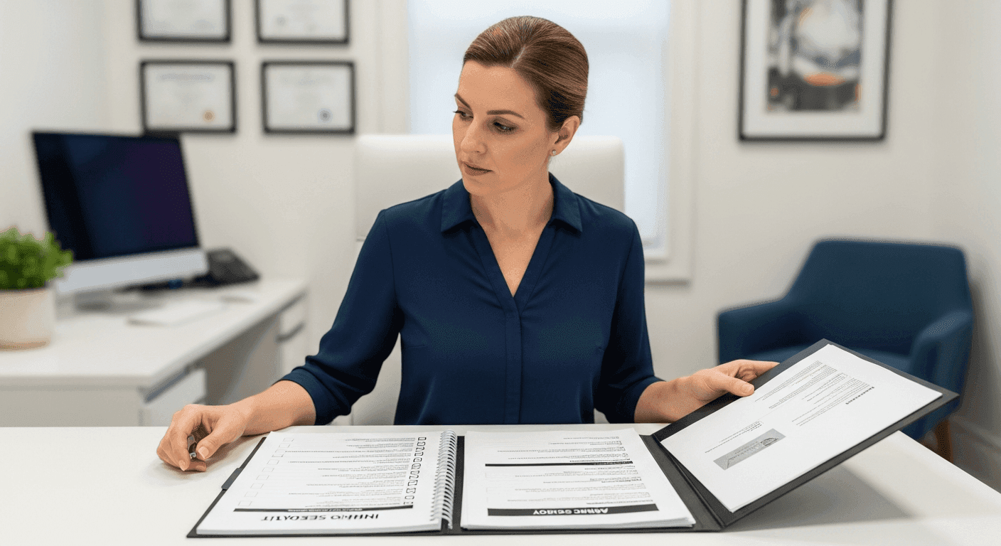 Clinic manager comparing in-house SEO task list with agency proposal on desk