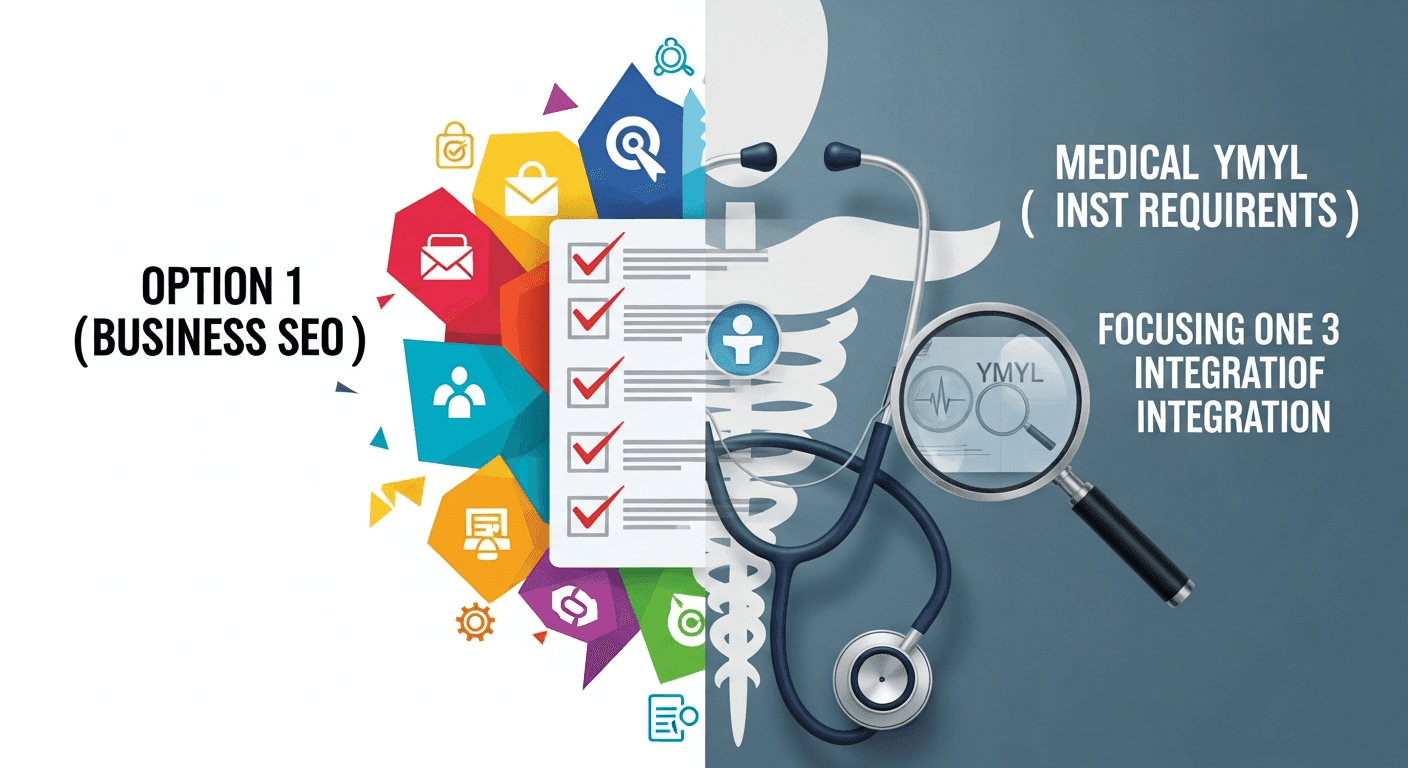 Contrast between generic business SEO checklist and medical YMYL compliance requirements