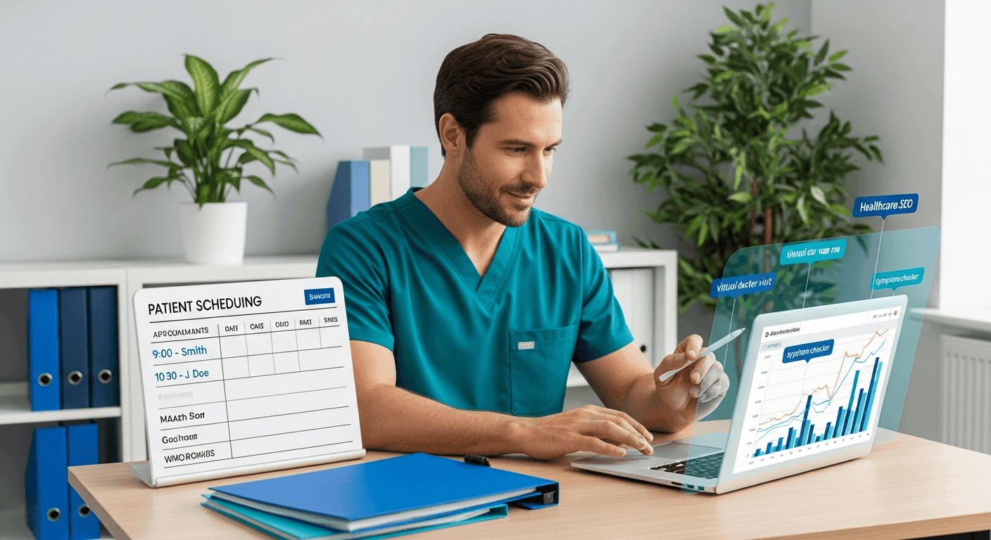 Solo physician reviewing search visibility dashboard beside clinic scheduling board