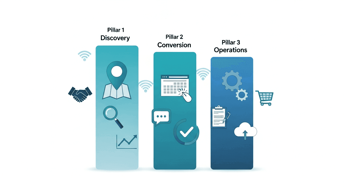Three pillar diagram showing discovery conversion and operations for healthcare SEO