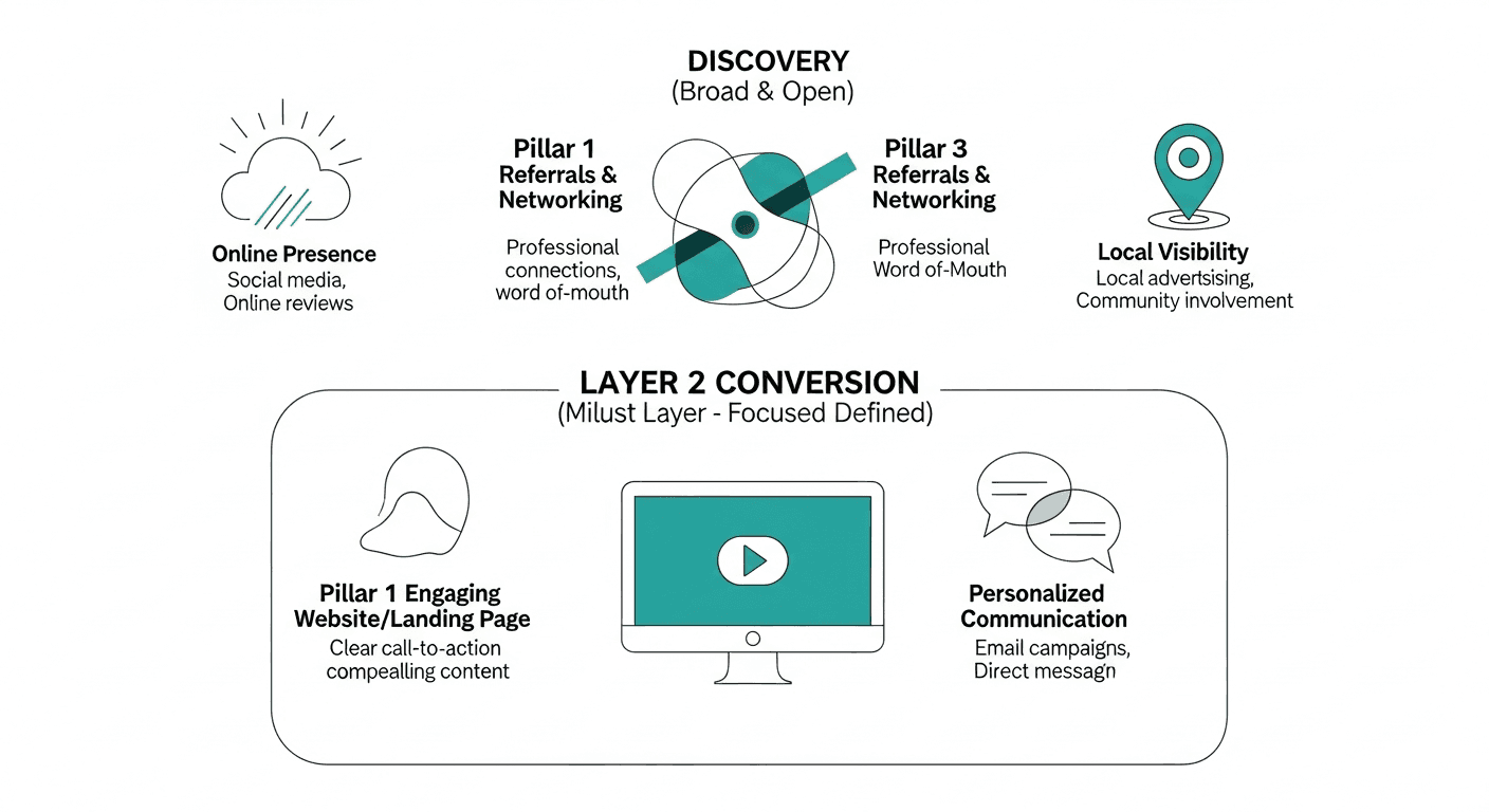Small medical practice team coordinating discovery conversion and operations layers on a whiteboard