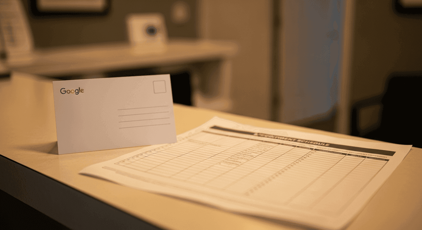Unverified Google postcard beside full appointment schedule on solo clinic front desk