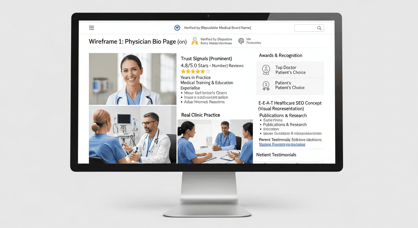 Physician bio and condition page wireframes emphasizing trust signals over blog volume