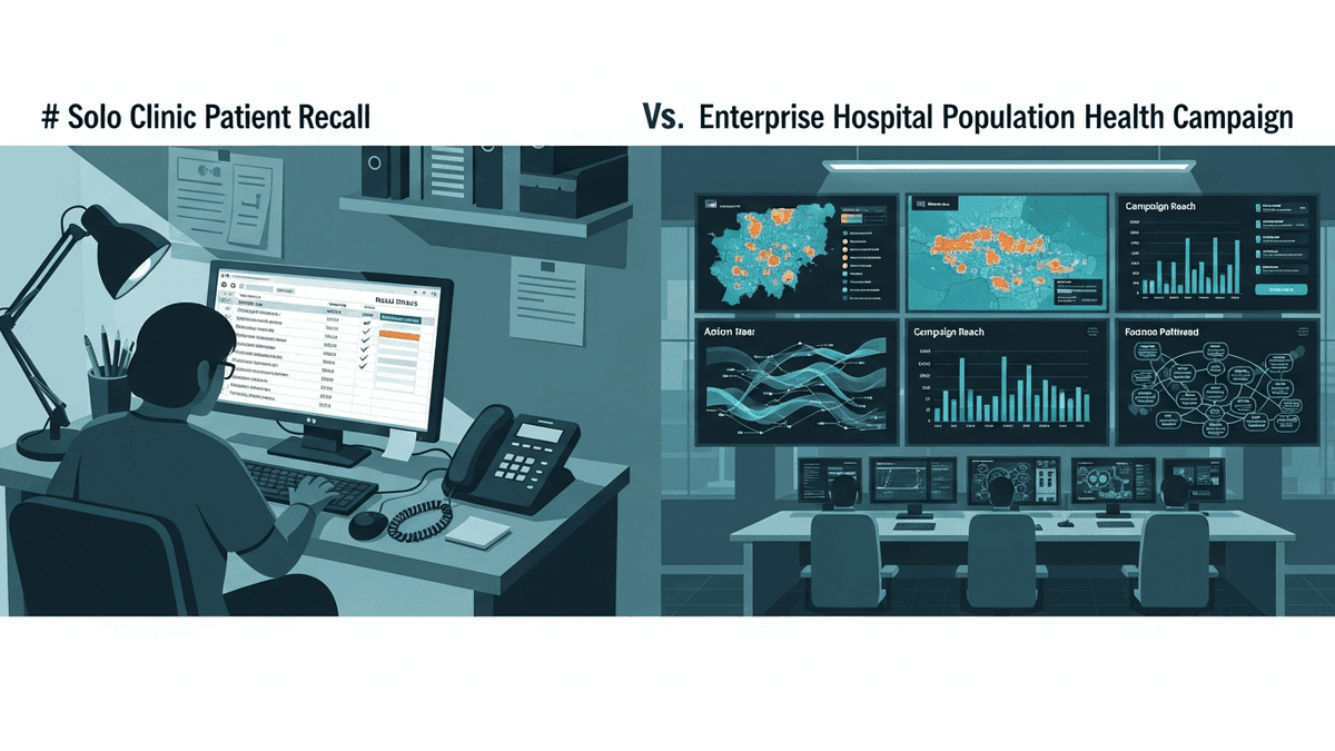 Solo clinic patient recall workflow contrasted with enterprise hospital population health campaign
