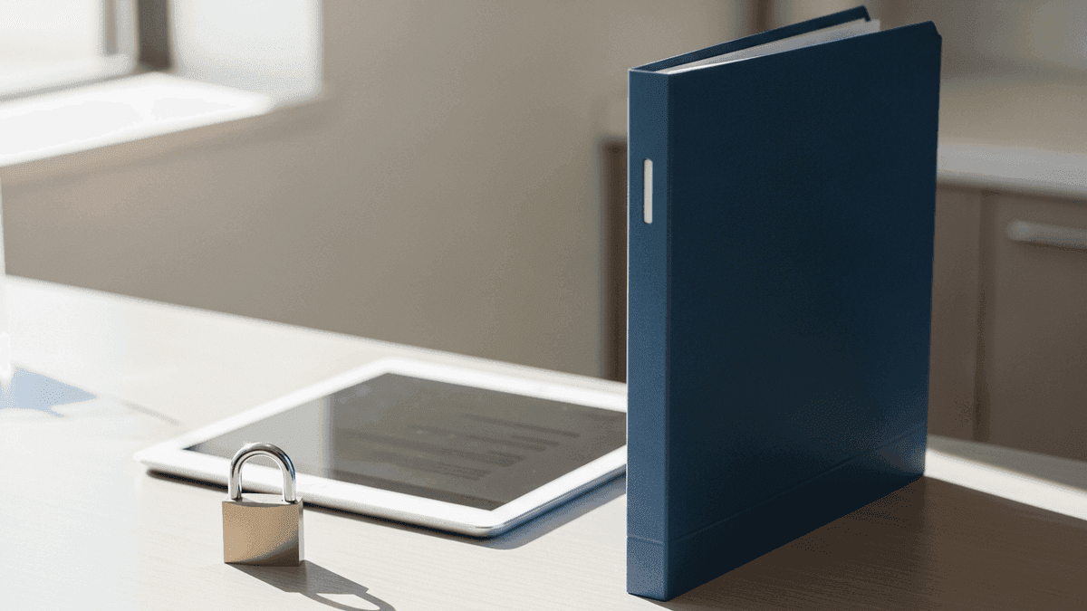 Padlock beside compliance folder and tablet on a podiatry clinic reception desk